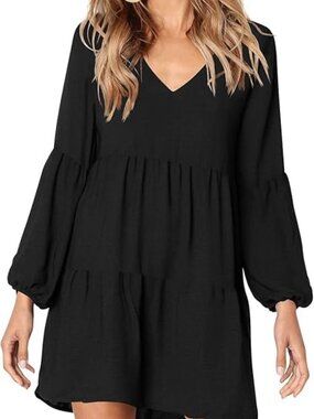 Womens Black Tunic Dress Long Sleeve V Neck Casual Loose Flowy